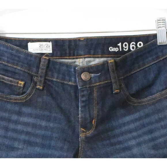 Gap 1969 Women Blue Jeans Straight Dark Wash Distress Low Rise Stretch Denim 26 - Picture 3 of 6